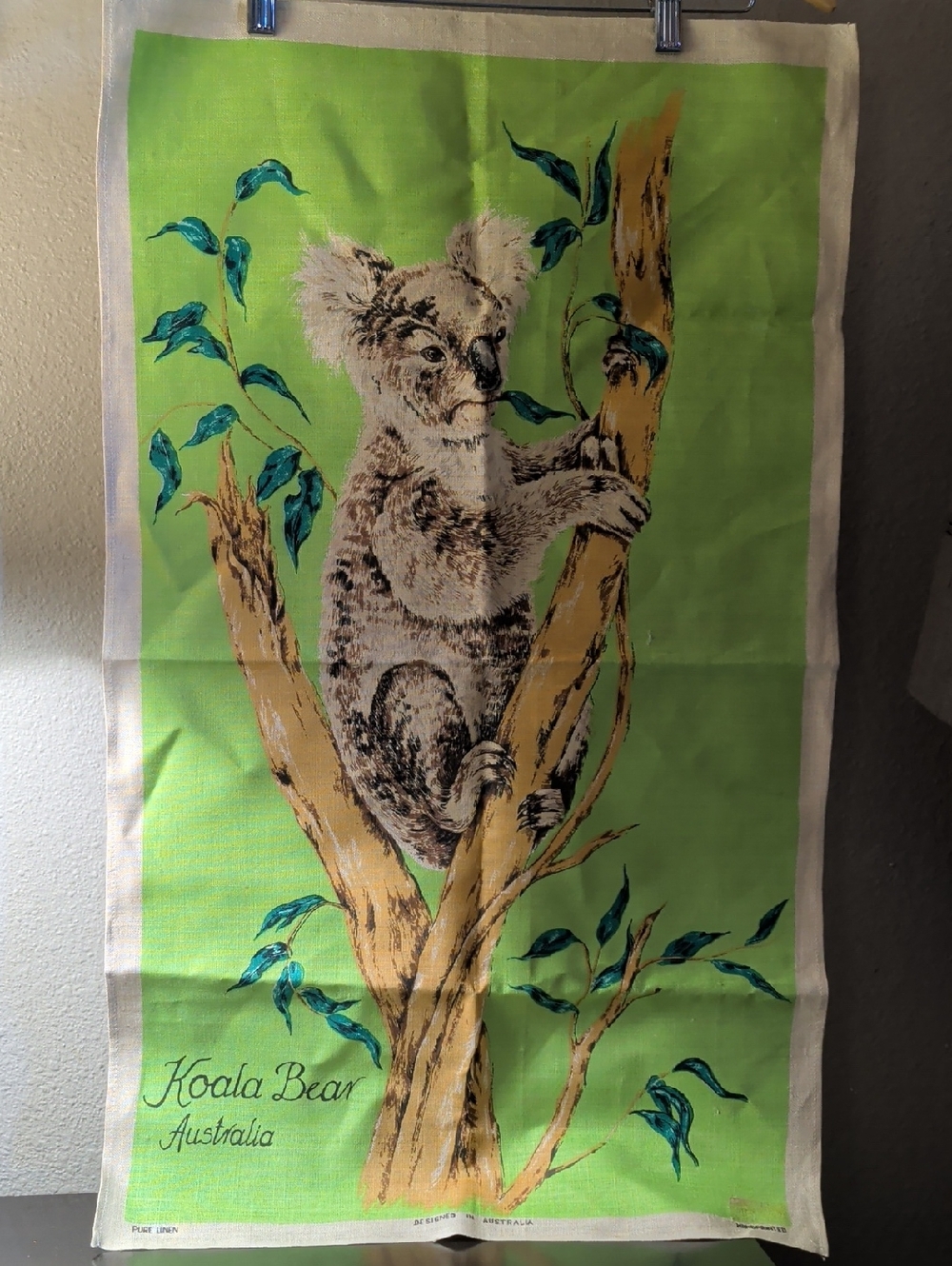 Koala Bear Australia Tea Towel Wall Hanging Pure Linen Green